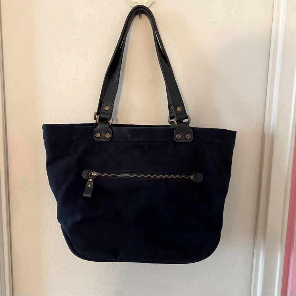 Dakota Black Canvas Shoulder Bag with Leather Handles and Front Pocket - Picture 3 of 7